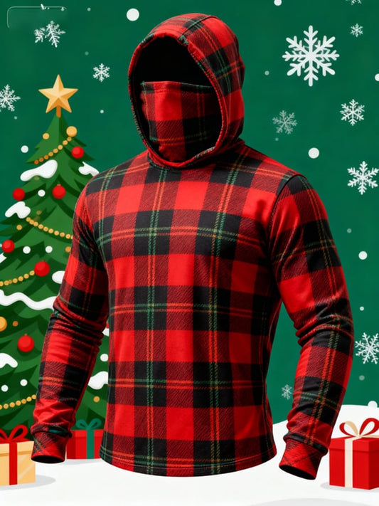 Men's Retro Plaid Face Mask Christmas Hooded Long-Sleeved Top