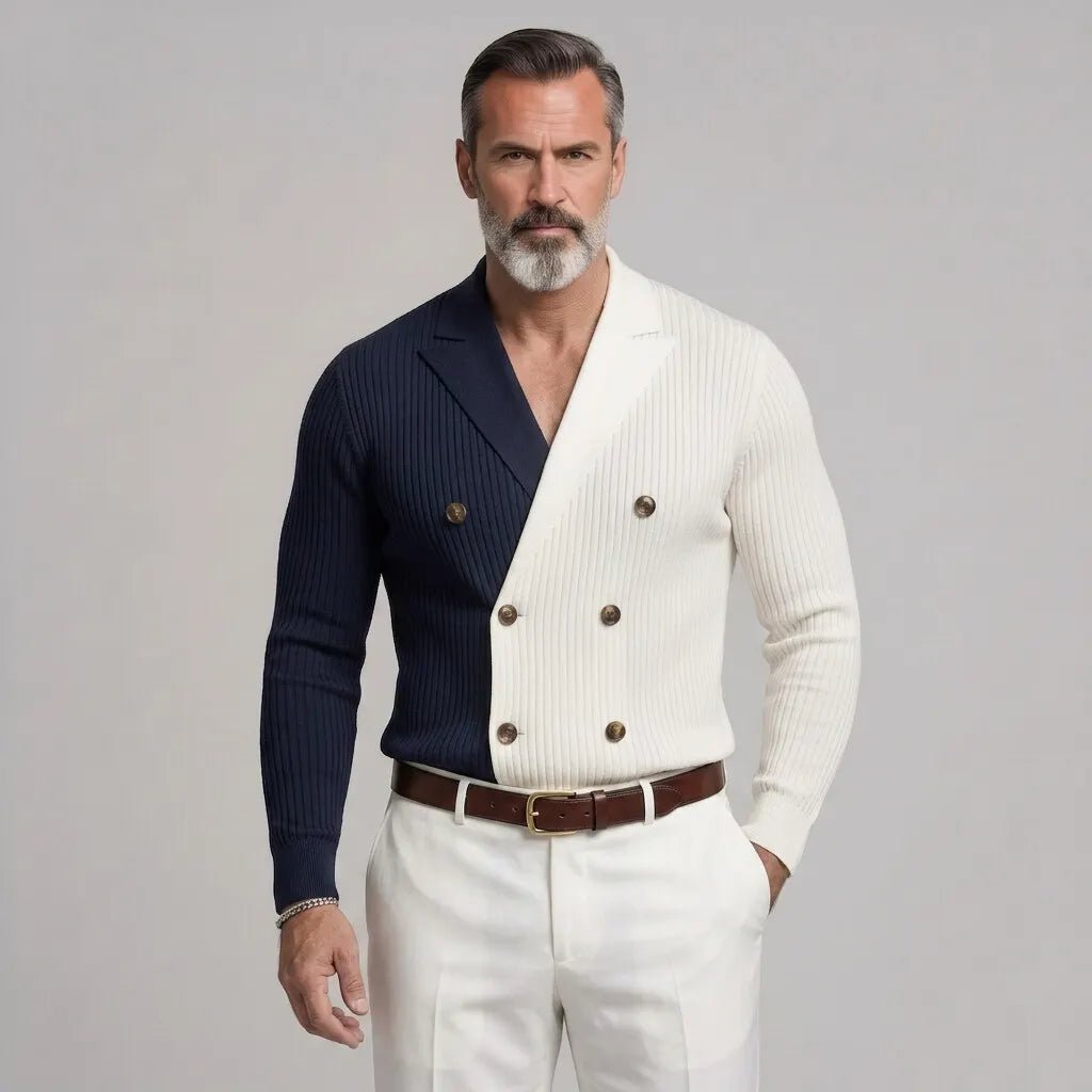 Men's Colorblock Ribbed Knit Double-Breasted Lapel Collar Slim Fit Shirt
