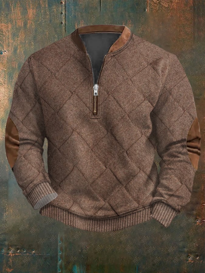Men's Vintage Knitted Jacquard Design Printed Zipper Collar Sweatshirt