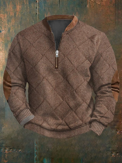 Men's Vintage Knitted Jacquard Design Printed Zipper Collar Sweatshirt