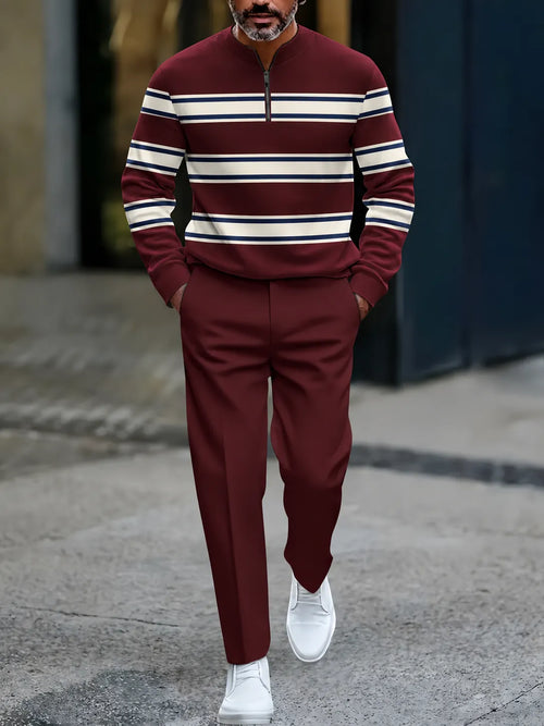 Men's Printed Zipper Polo Shirt and Pants Set