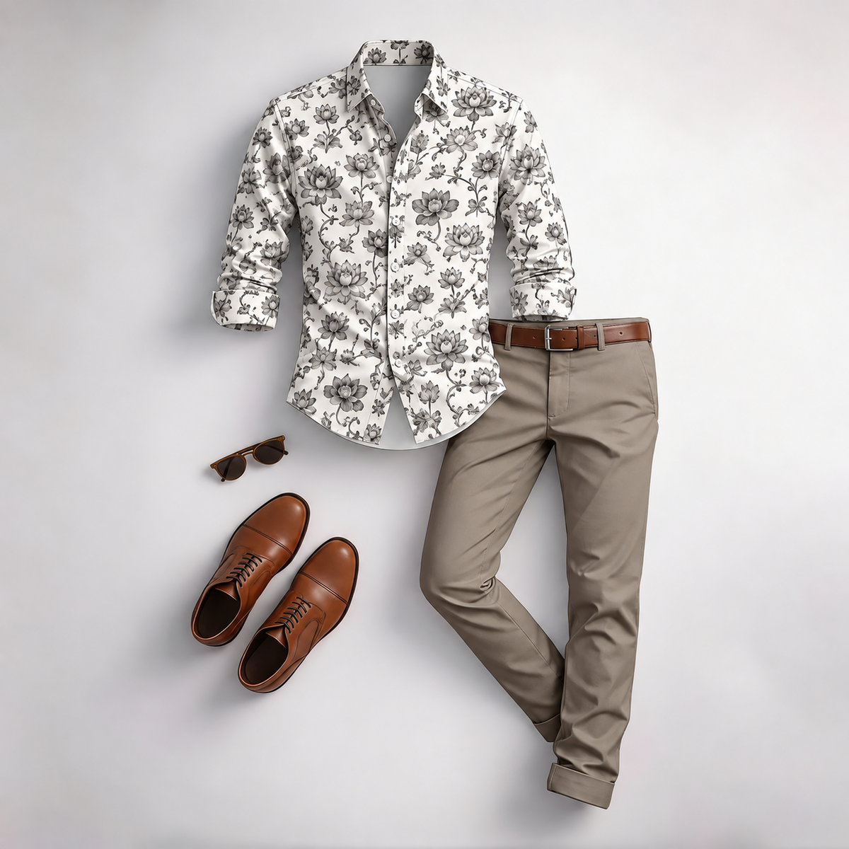 Men's Vintage Floral Print Long-Sleeve Shirt and Pants 2-Piece Set
