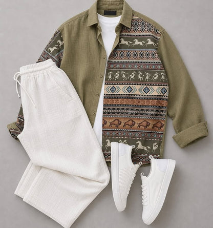 Men's Casual Long-Sleeve Shirt and Trousers Set