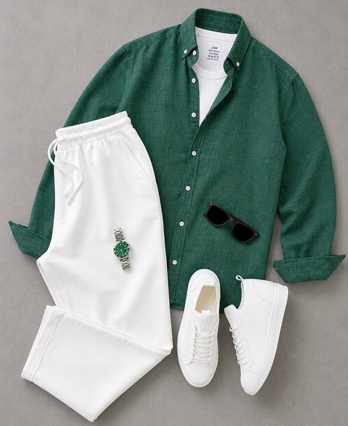 Men's Casual Long-Sleeve Shirt and Trousers Set