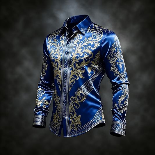 Men's Royal Blue Gold Baroque Scroll Print Long Sleeve Button Down Shirt