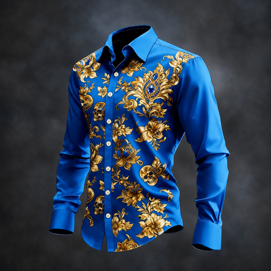 Men's Royal Blue Gold Floral Baroque Print Long Sleeve Button Down Shirt