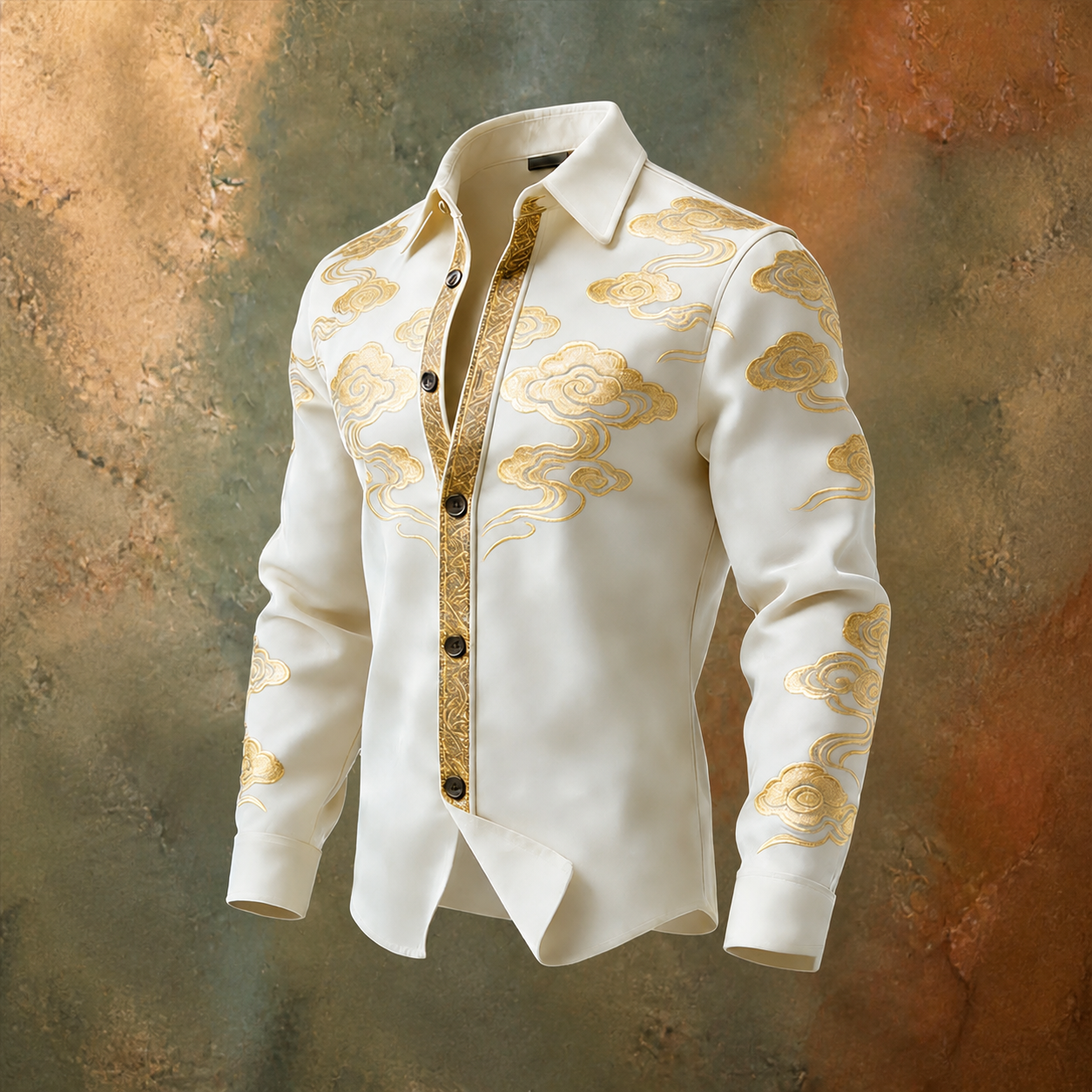 Men's Ivory Gold Paisley Border Print Long Sleeve Button Down Shirt
