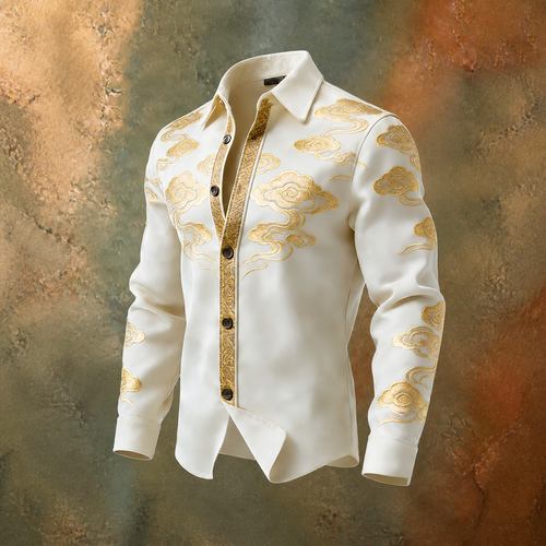 Men's Ivory Gold Paisley Border Print Long Sleeve Button Down Shirt