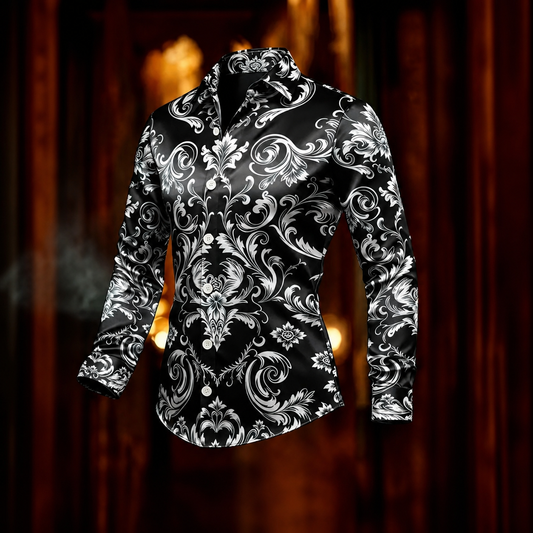 Men's Black White Baroque Paisley Print Long Sleeve Button Down Shirt