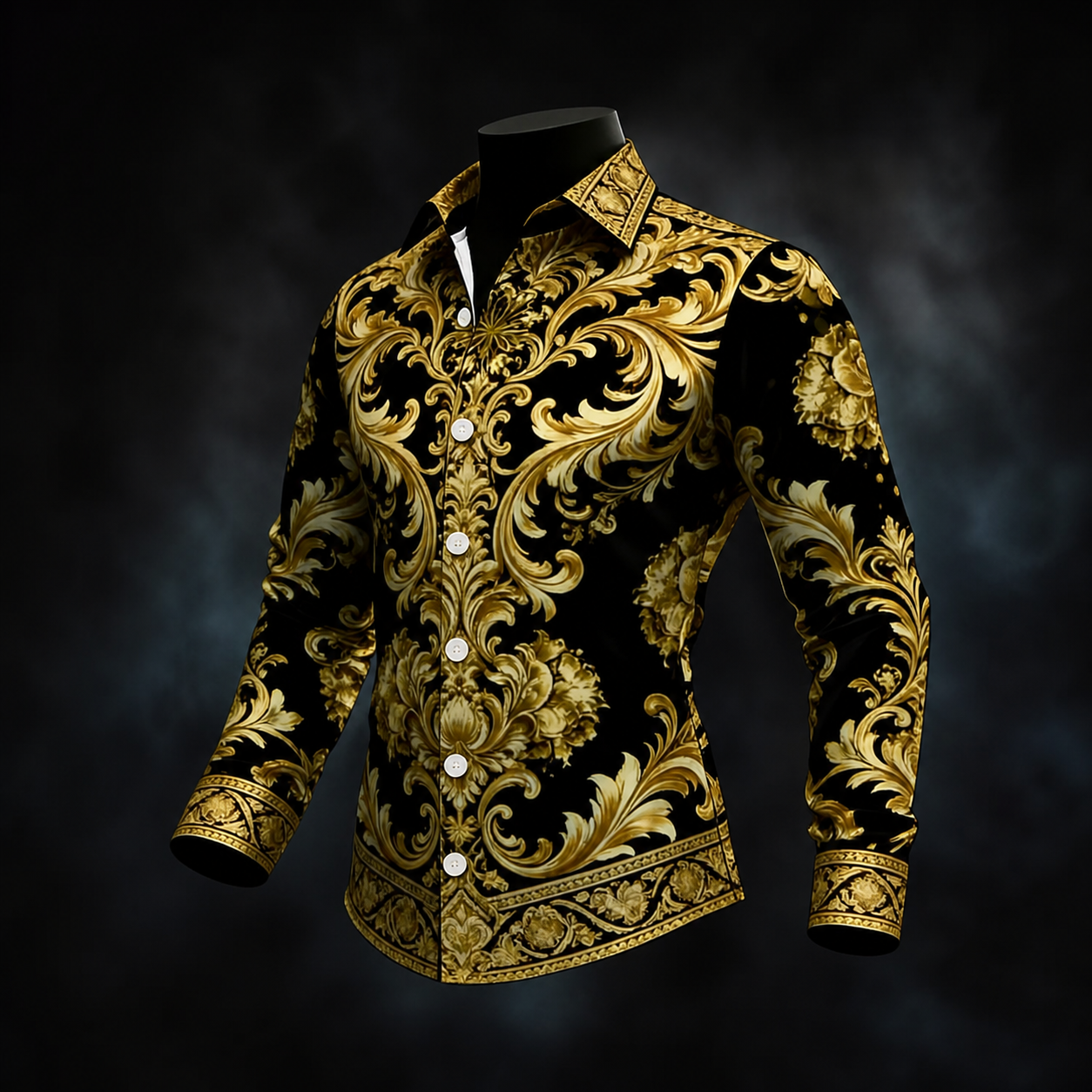 Men's Black Gold Ornate Baroque Floral Print Long Sleeve Button Down Shirt