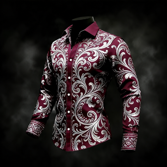 Men's Burgundy White Baroque Scroll Print Long Sleeve Button Down Shirt