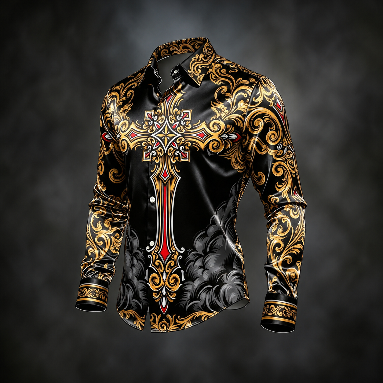 Men's Black Gold Cross Medallion Baroque Print Long Sleeve Button Down Shirt