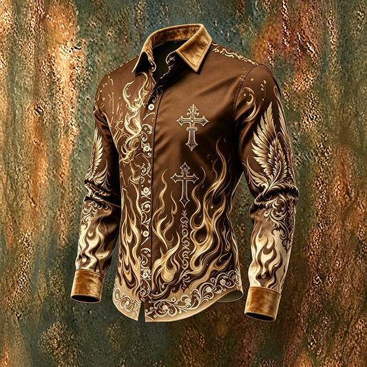 Men's Brown Gold Flame Cross Graphic Long Sleeve Button Down Shirt