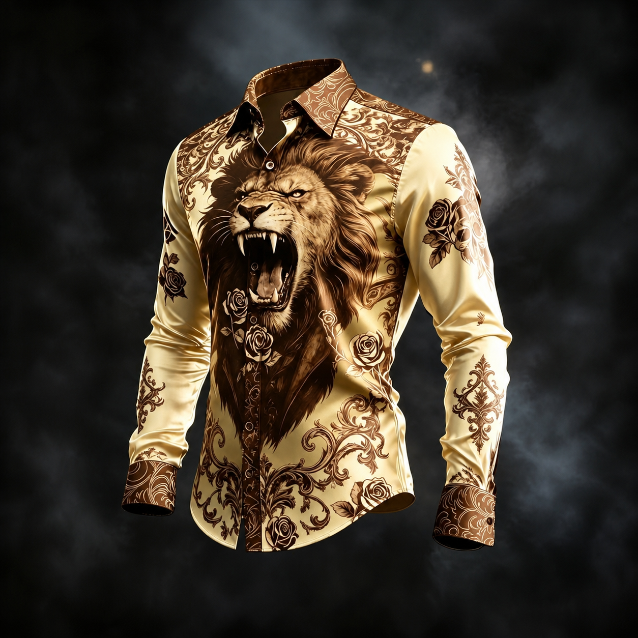 Men's Beige Lion Graphic Baroque Print Long Sleeve Button Down Shirt