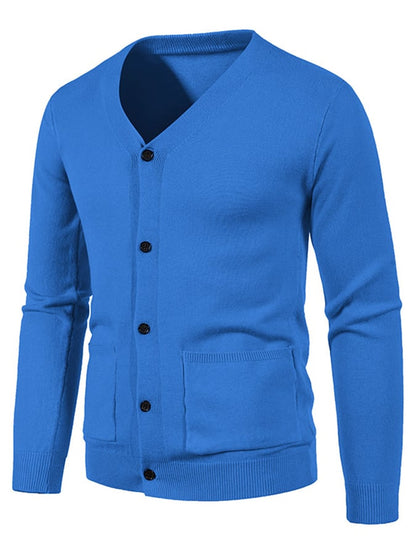 Men's Fashionable Pocket Button Design V-Neck Solid Color Sweater Jacket