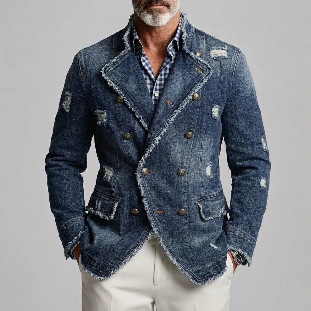 Men's Retro Ripped Frayed Edge Stand Collar Double-Breasted Denim Jacket