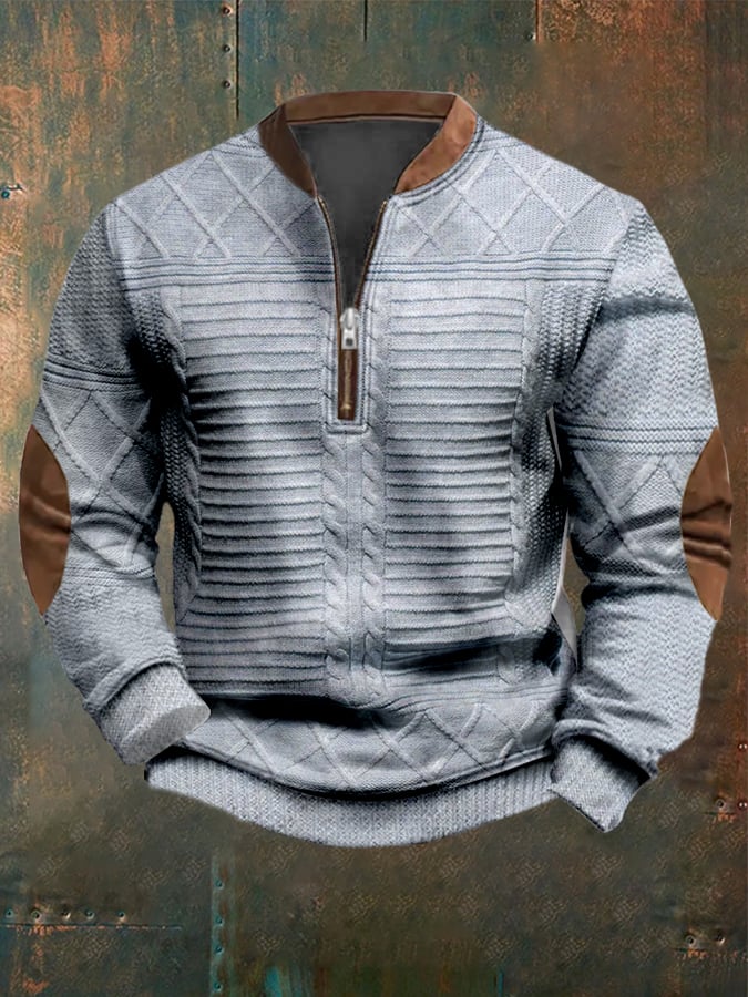 Men's Vintage Knitted Jacquard Design Printed Zipper Collar Sweatshirt
