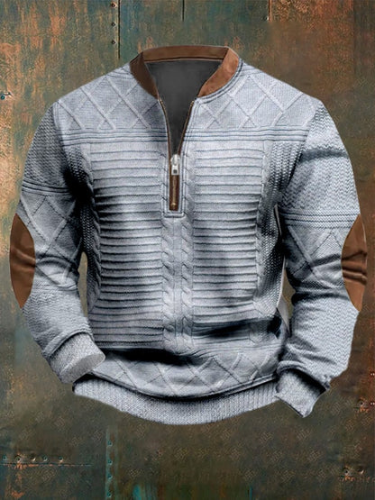 Men's Vintage Knitted Jacquard Design Printed Zipper Collar Sweatshirt