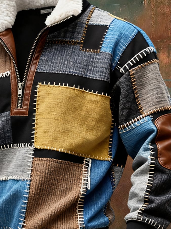 Men's Retro Color Block Print Casual Fur Collar Long Sleeve Sweatshirt