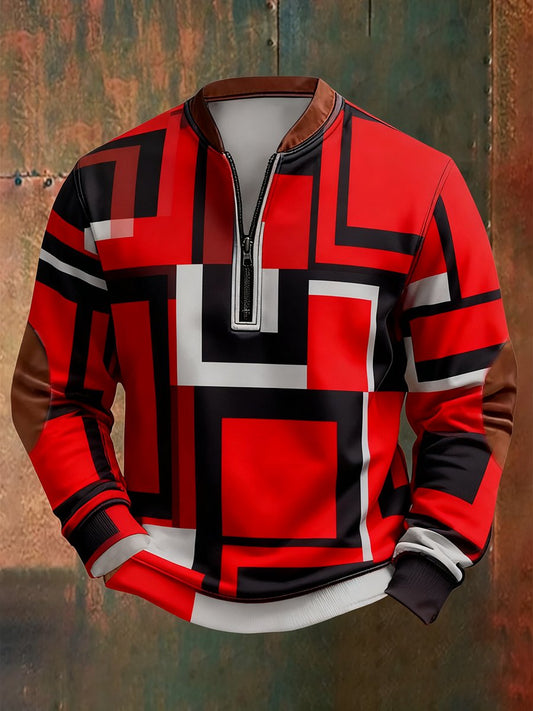 Men's Retro Bauhaus Geometric Style Print Quarter Zip Sweatshirt