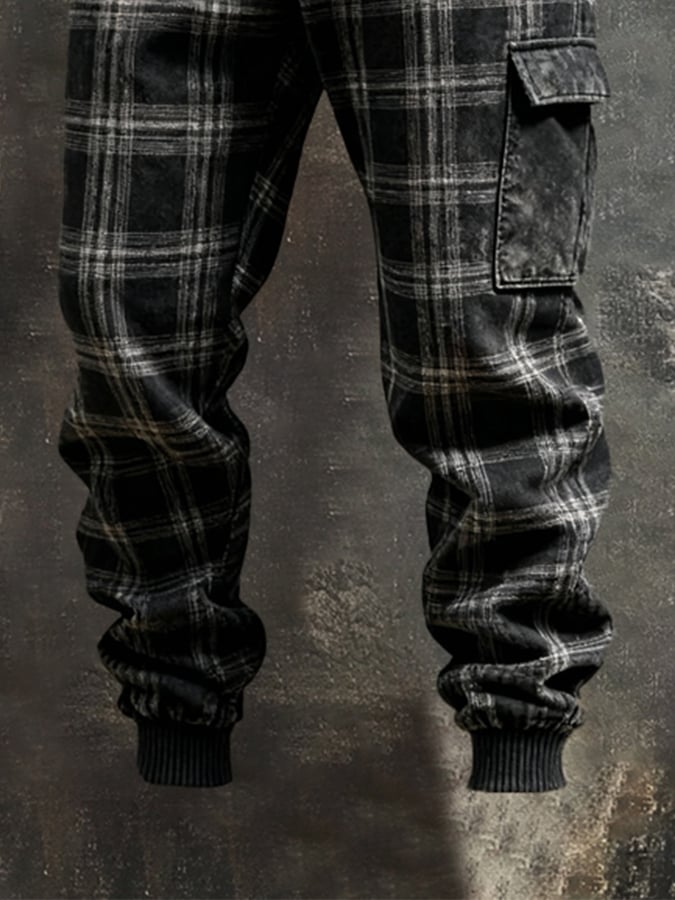Men's Retro Plaid Stitching Contrast Color Casual Tapered Work Trousers