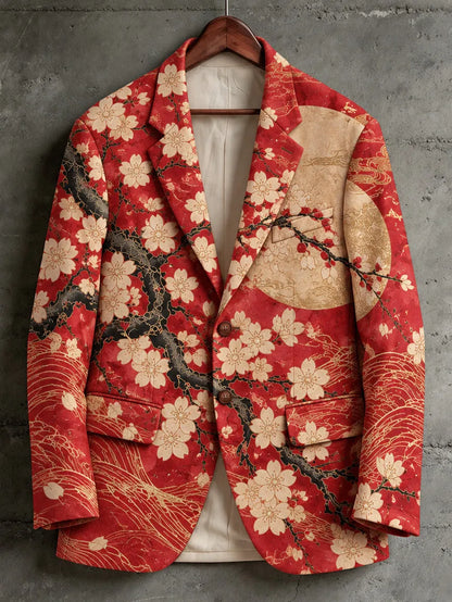 Men's Vintage-style Japanese Cherry Blossom Print Casual Blazer