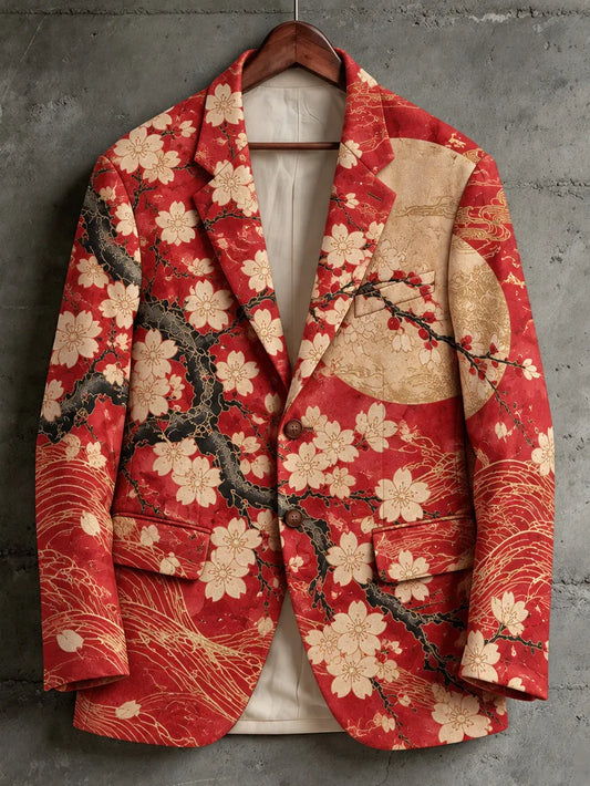 Men's Vintage-style Japanese Cherry Blossom Print Casual Blazer