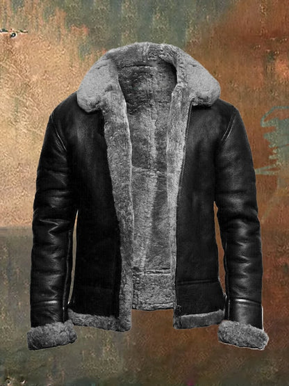 Men's Vintage Casual Lapel Zipper Faux Fur Leather Jacket