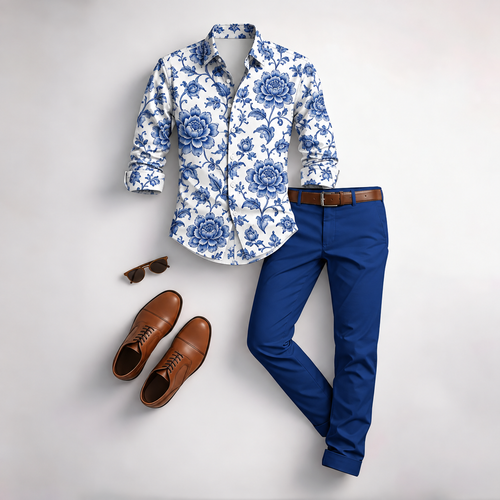 Men's Vintage Floral Print Long-Sleeve Shirt and Pants 2-Piece Set