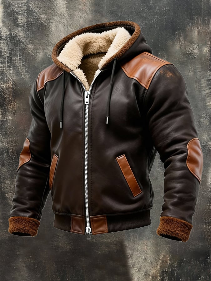 Men'S Warm Plush Distressed Soft Leather Hooded Jacket