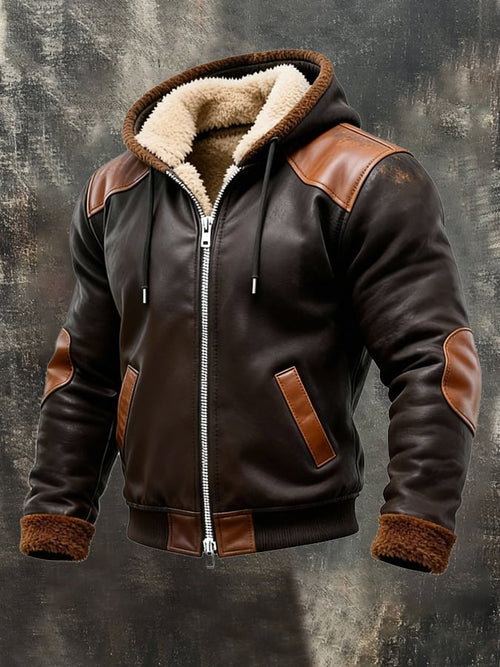 Men'S Warm Plush Distressed Soft Leather Hooded Jacket