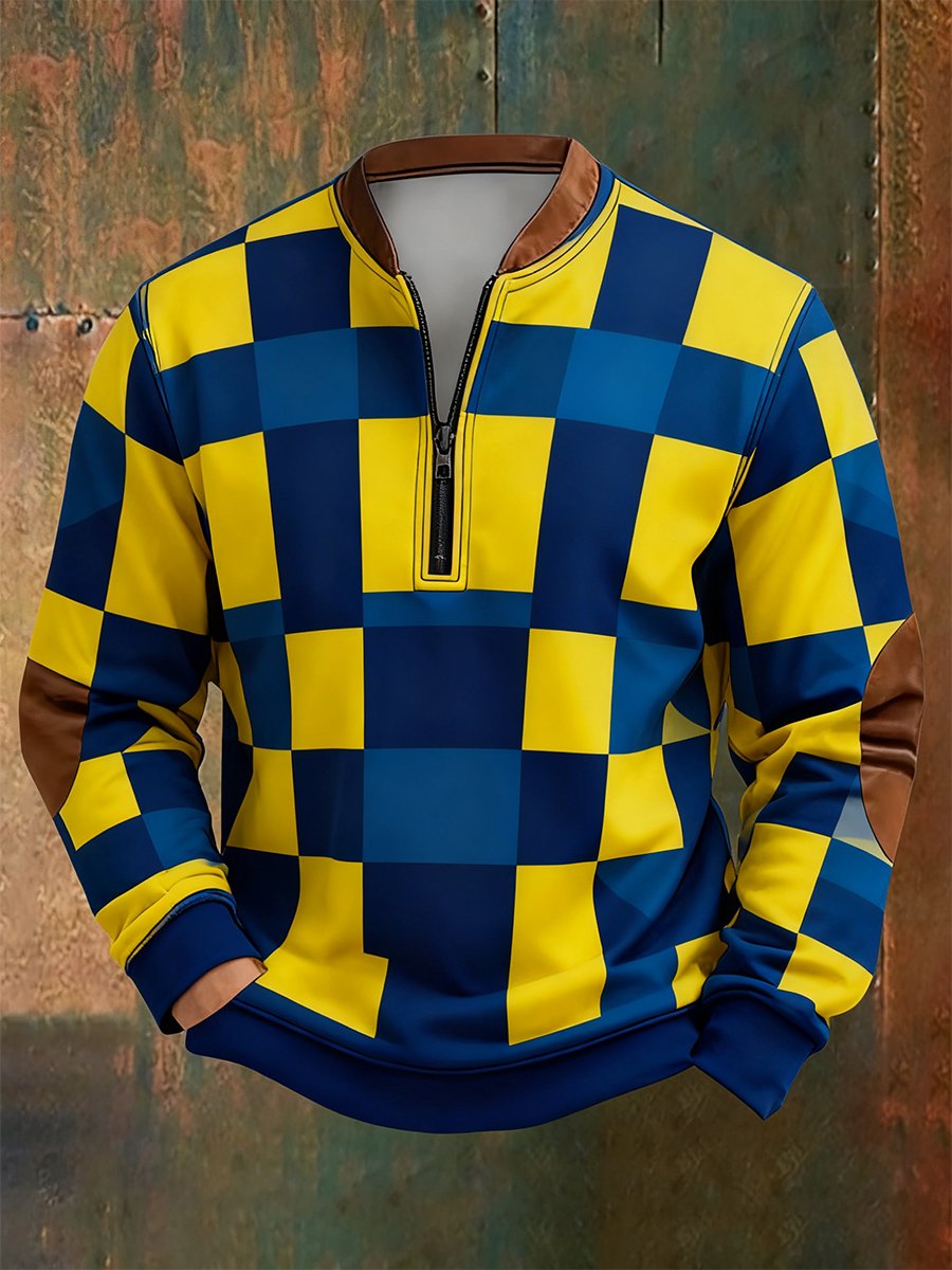 Men's Retro Bauhaus Geometric Style Print Quarter Zip Sweatshirt
