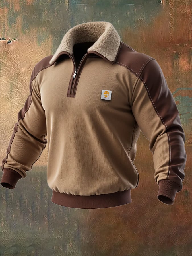 Men's Retro Splicing Zipper Fur Collar Sweatshirt