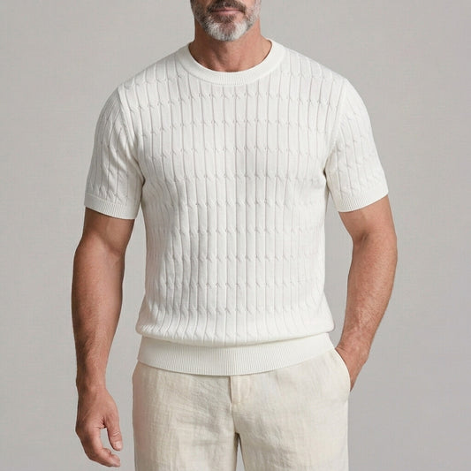Men's Solid Color Ribbed Crew Neck Cable Knit Slim Fit T-Shirt