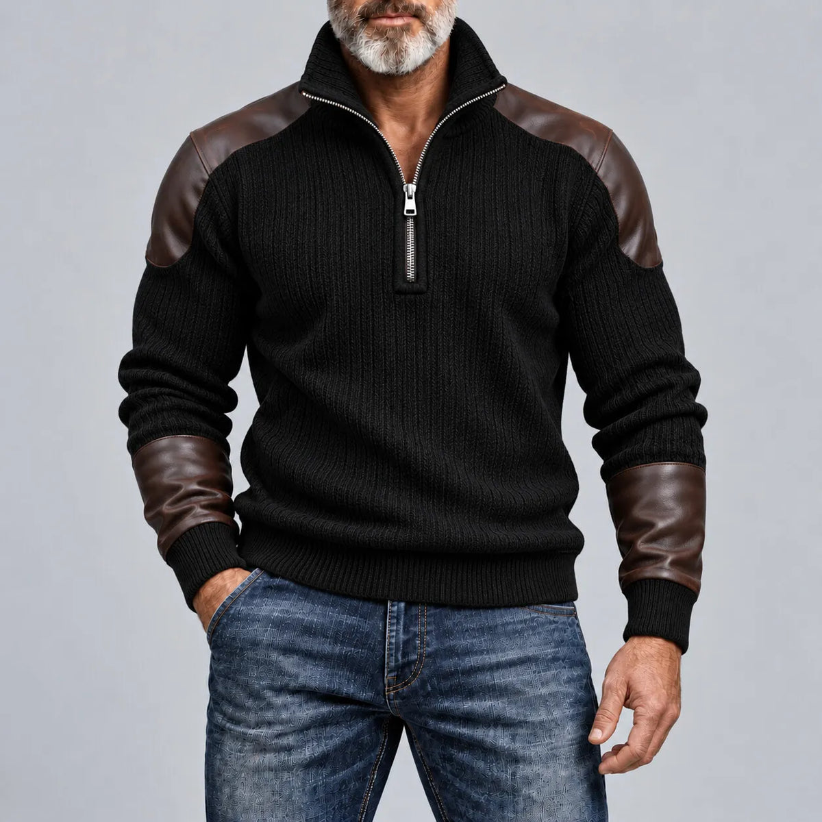 Men's Black Ribbed Knit Stand Collar Stitching PU Leather Half-Zip Pullover Sweatshirt