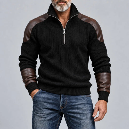 Men's Black Ribbed Knit Stand Collar Stitching PU Leather Half-Zip Pullover Sweatshirt