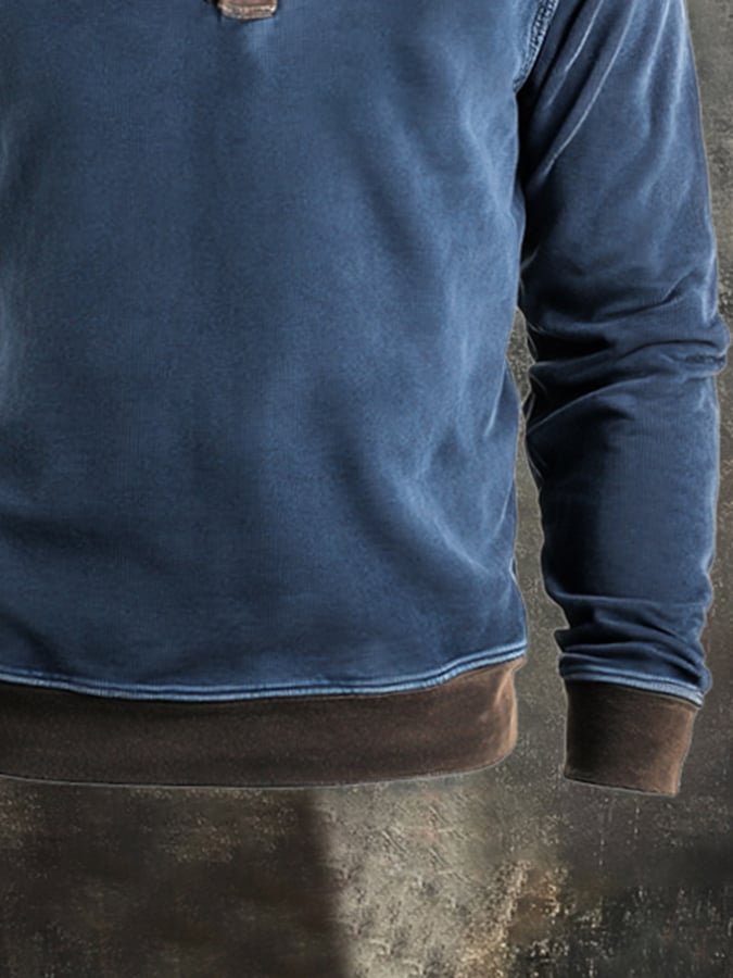 Men's Retro Stitching Contrast Color Henley Collar Casual Long Sleeve Sweatshirt
