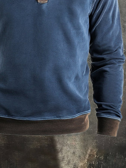 Men's Retro Stitching Contrast Color Henley Collar Casual Long Sleeve Sweatshirt