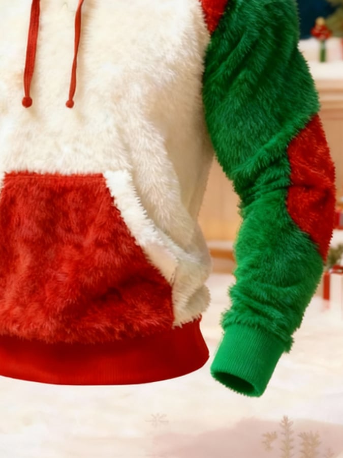 Men'S Plush Warm Color-Blocked Christmas Hooded Sweatshirt