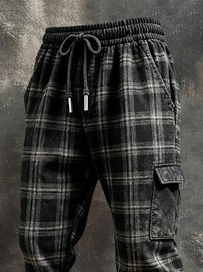 Men's Retro Plaid Stitching Contrast Color Casual Tapered Work Trousers