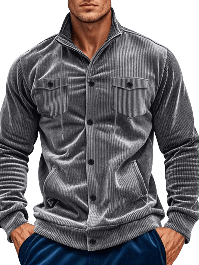 Men's Jacquard Stand Collar Solid Color Retro Multi-Pocket Jacket