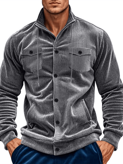 Men's Jacquard Stand Collar Solid Color Retro Multi-Pocket Jacket