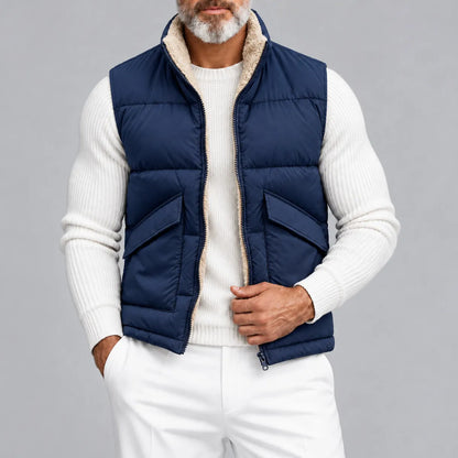 Men's Solid Color Stand Collar Zipper Sherpa Fleece Lined Reversible Puffer Vest