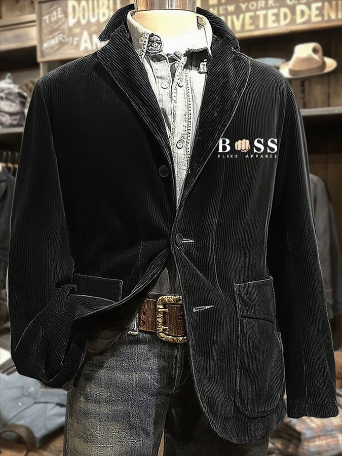 Men's Corduroy Casual Jacket with Letter Design Print