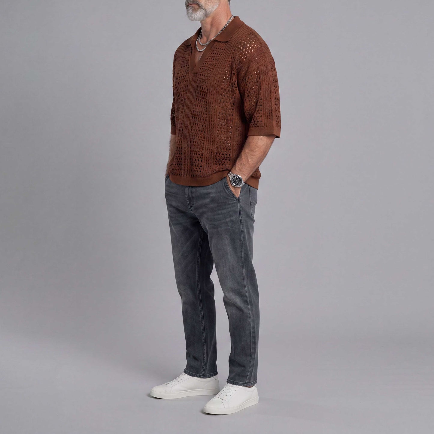 Openwork Mesh-Knit Short-Sleeve Polo Shirt