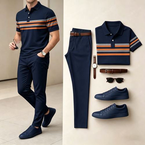 Men's Casual Striped Printed Short-Sleeve Polo Shirt And Pants Set (Excludes Accessories Such As Watches And Belts)