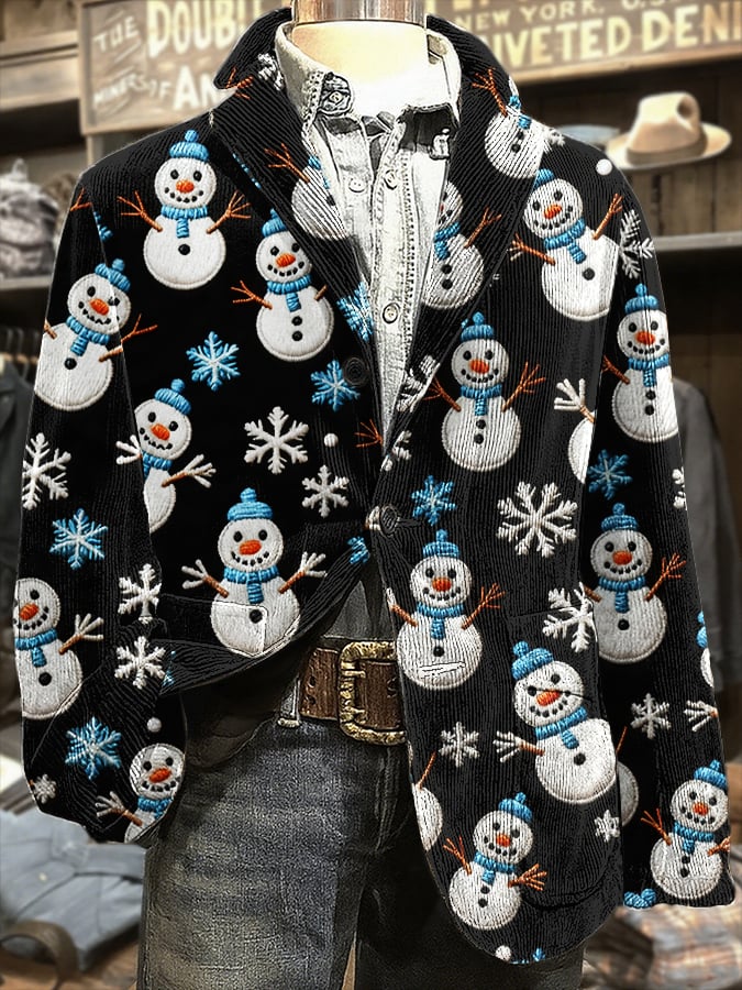 Men's Retro Christmas Snowman Print Casual Blazer