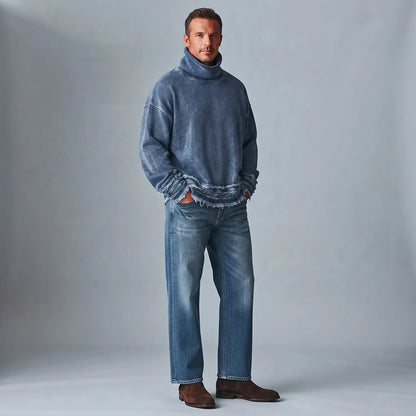 Men's Denim Turtleneck Distressed Raw Hem Long Sleeve Pullover Sweatshirt