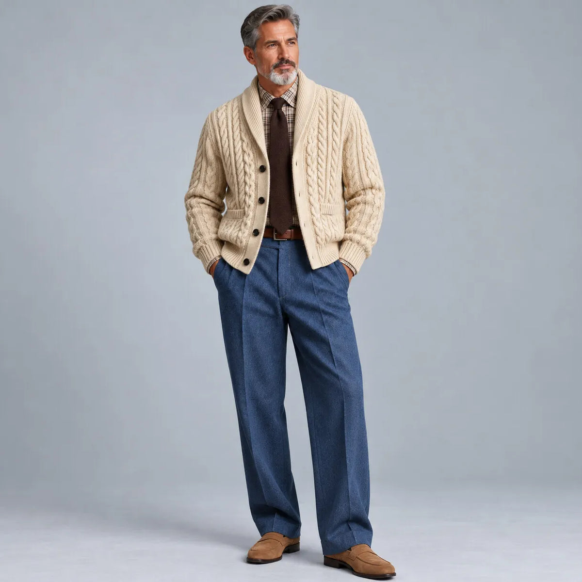 Men's Brown Shawl Lapel Single Breasted Pockets Cable Knit Cardigan