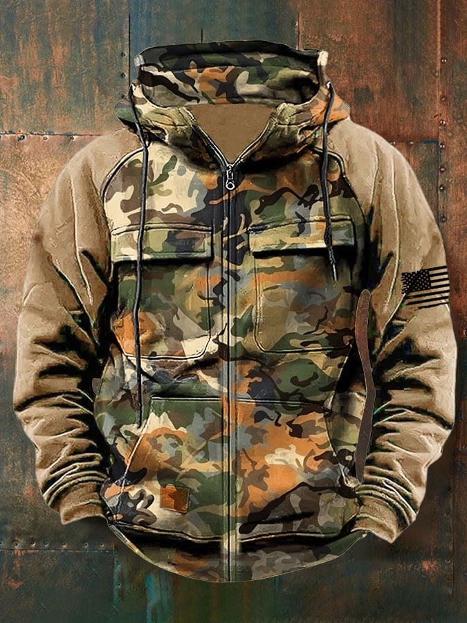 Men's Vintage Western Print Multi-Pocket Jacket
